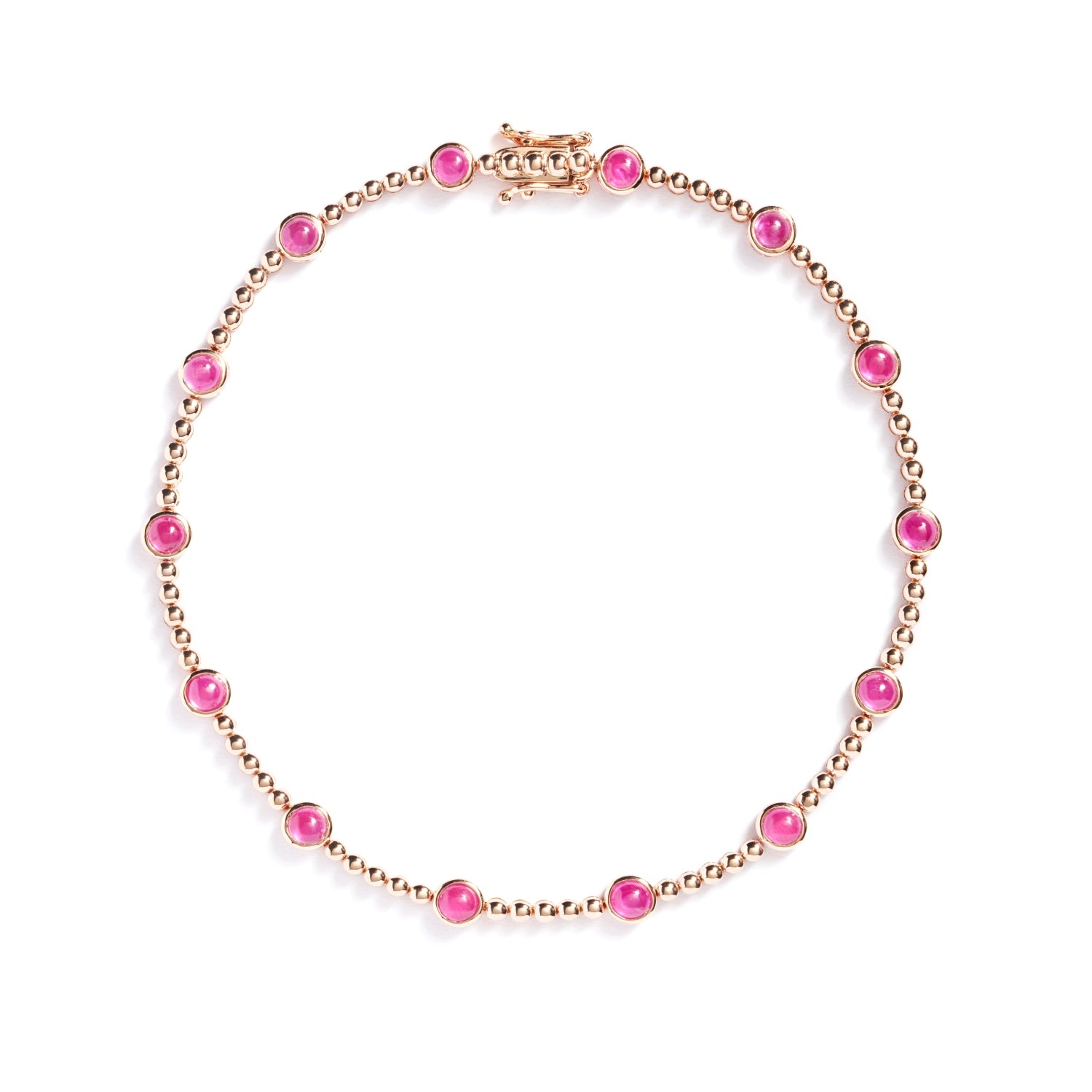 Armbånd i 18 kt. rosaguld prydet med 14 cabochonslebne "hot pink" Grønlandske Safirer, i alt 2,61 ct.                                                                                Grønlandske Safirer er varmebehandlede.