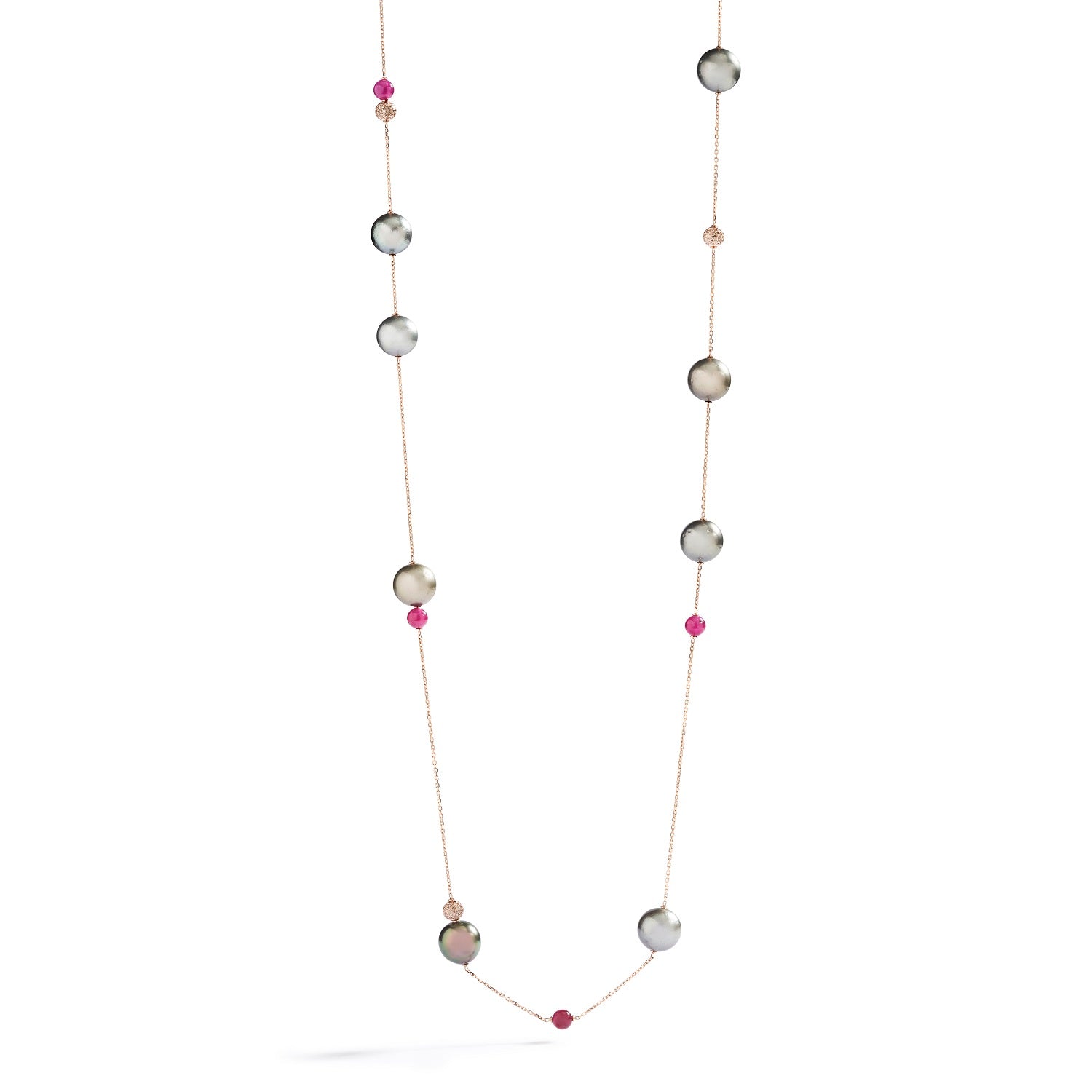 Halskæde med 11 Tahiti kulturperler, 6 Grønlandske Rubiner og 1,02 ct. champagne diamanter