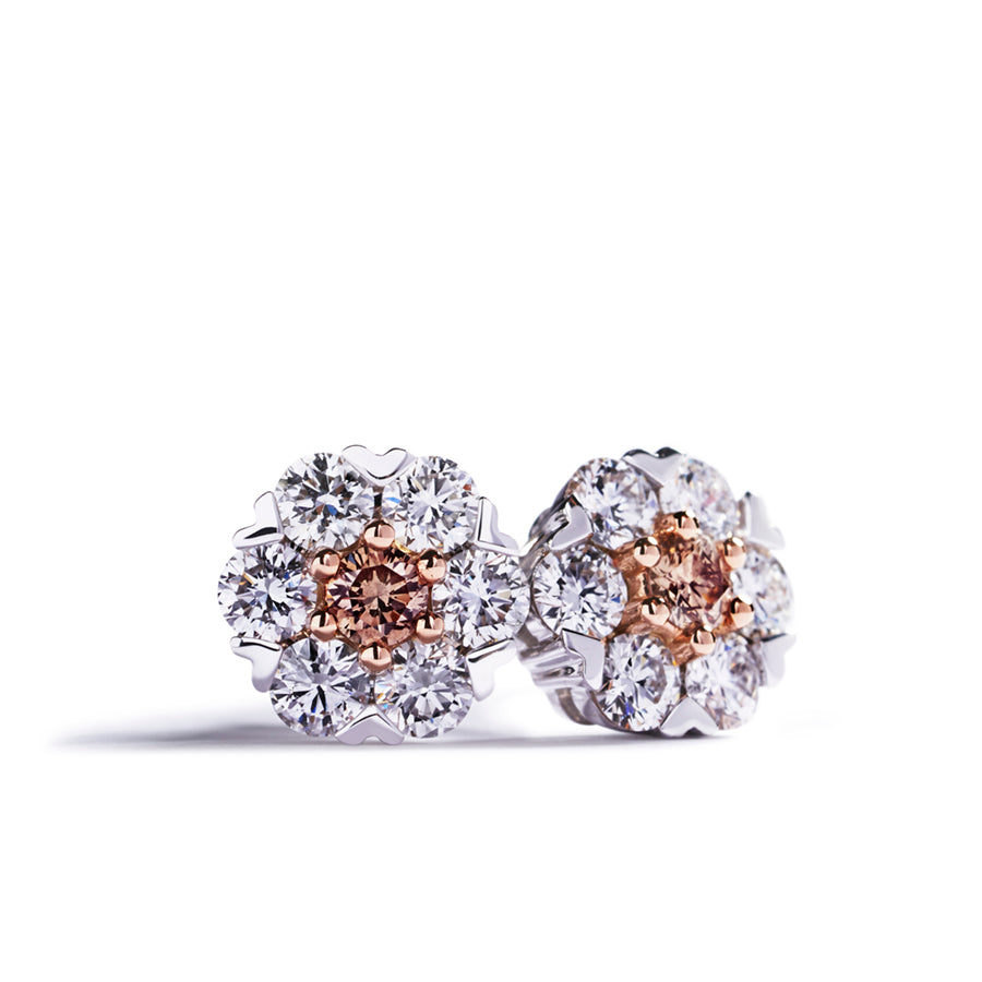Roset ørestikker i 18 kt. hvidguld prydet med 2 champagnefarvede C5/VS-SI brillanter, i alt 0,15 ct. omkranset af 12 Top Wesselton/VVS-VS brillanter, i alt 0,85 ct.