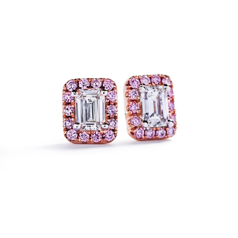 Halo stud earrings with emerald diamonds and Argyle Pink – Hartmann's