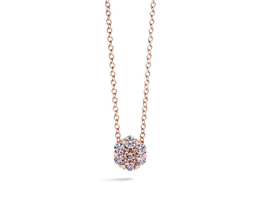 Diamant rosetvedhæng i 18 kt. rosaguld prydet med en 0,08 ct. champagnefarvet C5/VS brillant omkranset af 6 Top Wesselton/VVS-VS brillanter, i alt 0,40 ct.     
